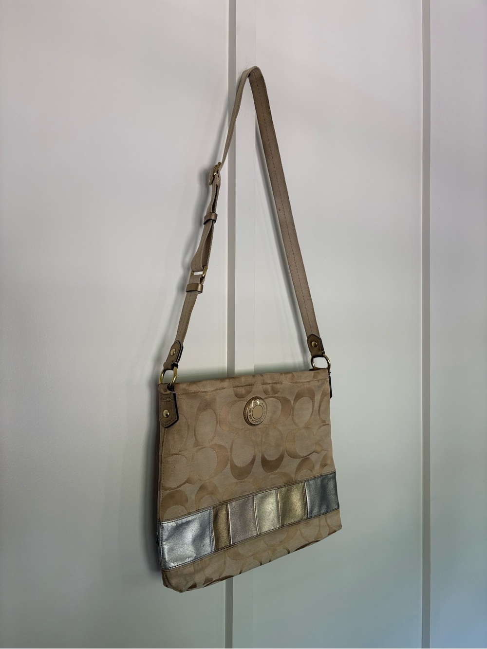 Coach Beige Signature Metallic Patchwork Crossbody with Logo Pattern